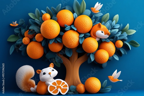 Orange tree in a childrenâ€™s storybook illustration with playful animals, illustrated in a scene where the tree is part of a childrenâ€™s storybook, with playful animals like squirrels and birds photo