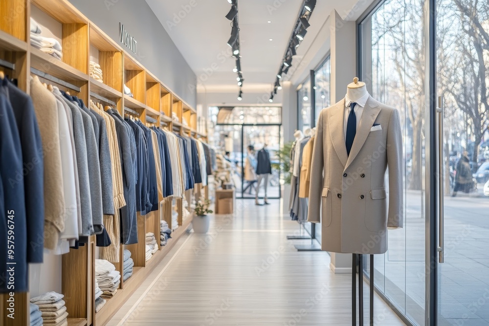 Modern store interior featuring stylish outfits in a clean and bright display environment Modern store interior featuring stylish outfits in a clean and bright display environment