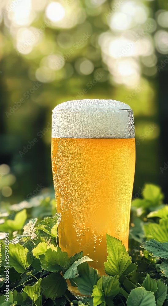 A refreshing glass of cold beer surrounded by lush green foliage. A refreshing glass of cold beer surrounded by lush green foliage.