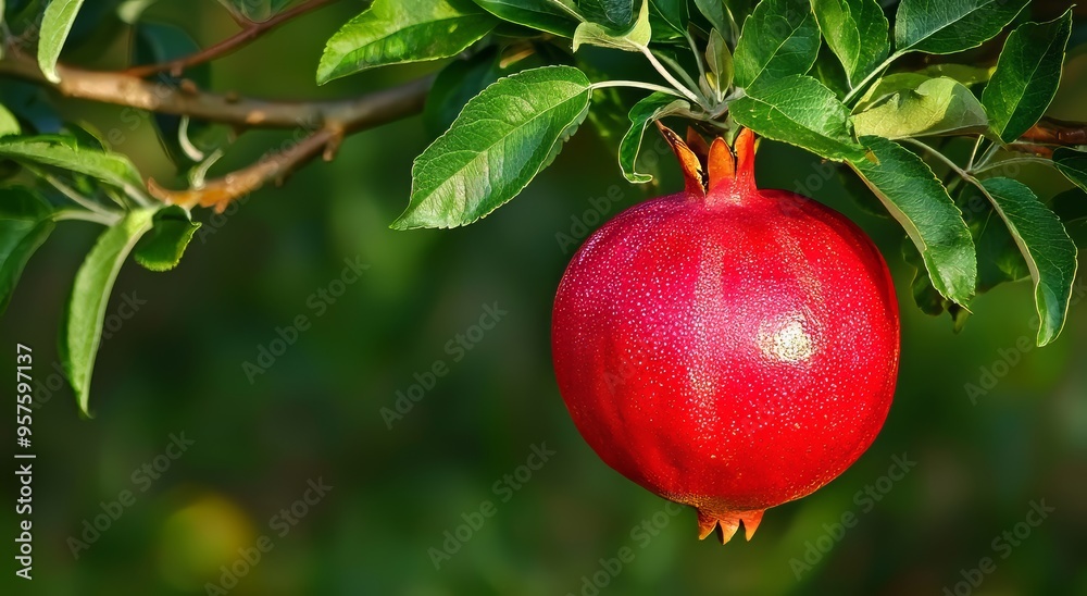 Close-up of a ripe pomegranate hanging from a lush green branch. Close-up of a ripe pomegranate hanging from a lush green branch.