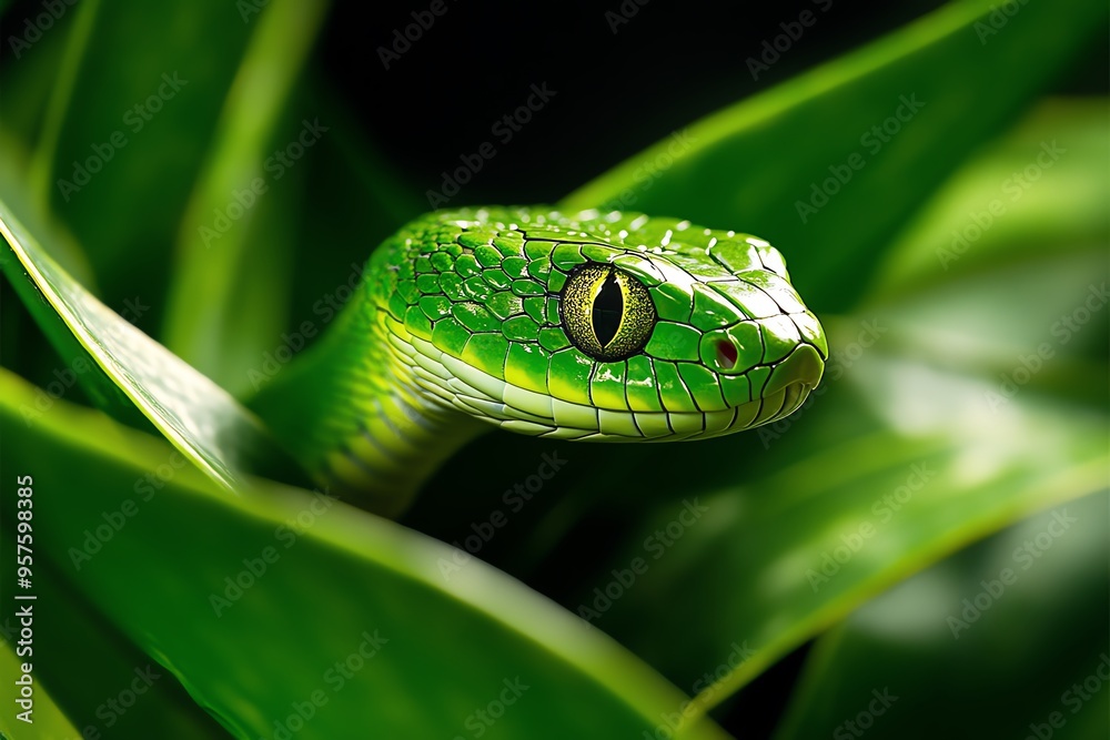 Snake Green, Camouflage, and Grasslands depicted in a grassy plain where a green snake blends seamlessly with the tall grass, nearly invisible as it moves stealthily through its habitat