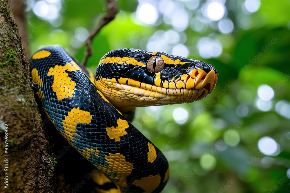 Snake Python, Coiling, and Forest visualized in a lush forest where a massive python coils around a tree branch, its scales glistening in the dappled sunlight filtering through the canopy Snake Python, Coiling, and Forest visualized in a lush forest where a massive python coils around a tree branch, its scales glistening in the dappled sunlight filtering through the canopy