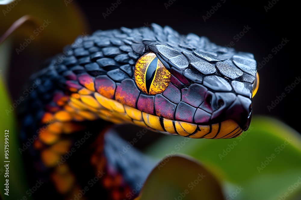 Snake Scales, Multicolor, and Shedding visualized in a detailed close-up where a snake is shedding its old skin, revealing the vibrant, multicolored scales underneath Snake Scales, Multicolor, and Shedding visualized in a detailed close-up where a snake is shedding its old skin, revealing the vibrant, multicolored scales underneath