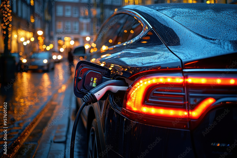 A close up of an electric vehicles charging port illuminated at night, showcasing sleek design and vibrant lights. wet street reflects warm glow of city lights... A close up of an electric vehicles charging port illuminated at night, showcasing sleek design and vibrant lights. wet street reflects warm glow of city lights...