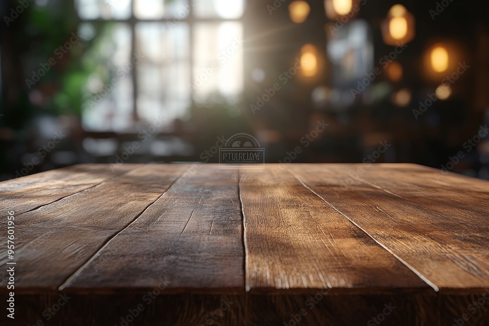Wooden table top with blurred background of cafe with sunlight coming in from the window.