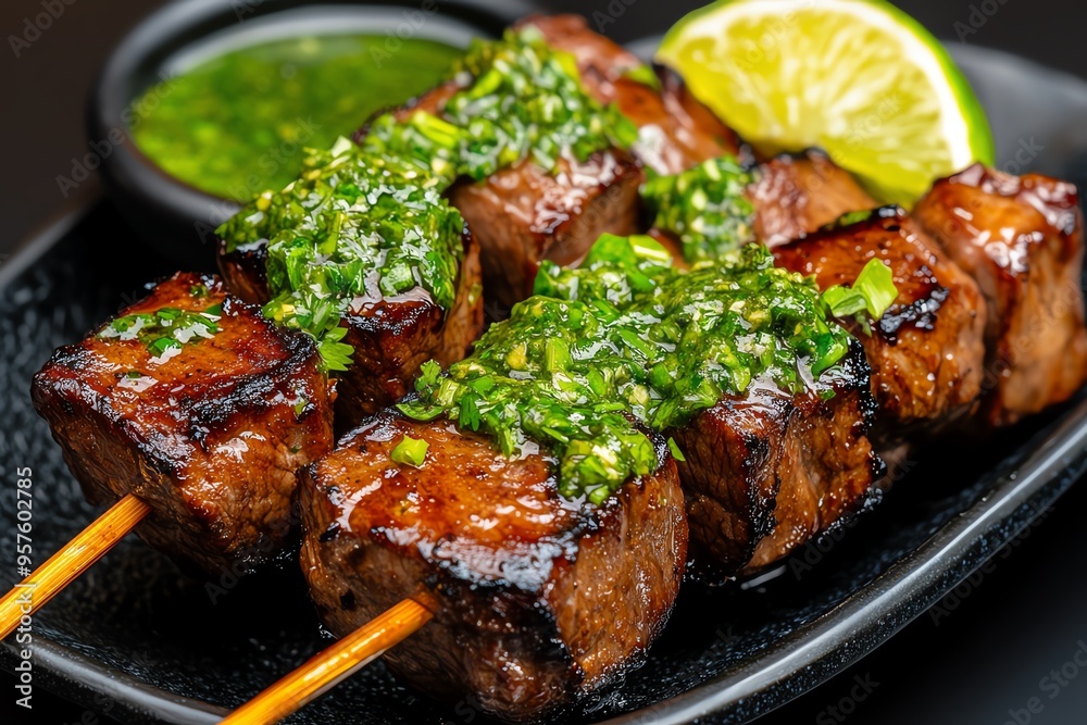Tapas bite of beef skewers with a chimichurri sauce, depicted in an artwork where juicy beef skewers are served with a vibrant chimichurri sauce, garnished with fresh herbs and a wedge of lime Tapas bite of beef skewers with a chimichurri sauce, depicted in an artwork where juicy beef skewers are served with a vibrant chimichurri sauce, garnished with fresh herbs and a wedge of lime