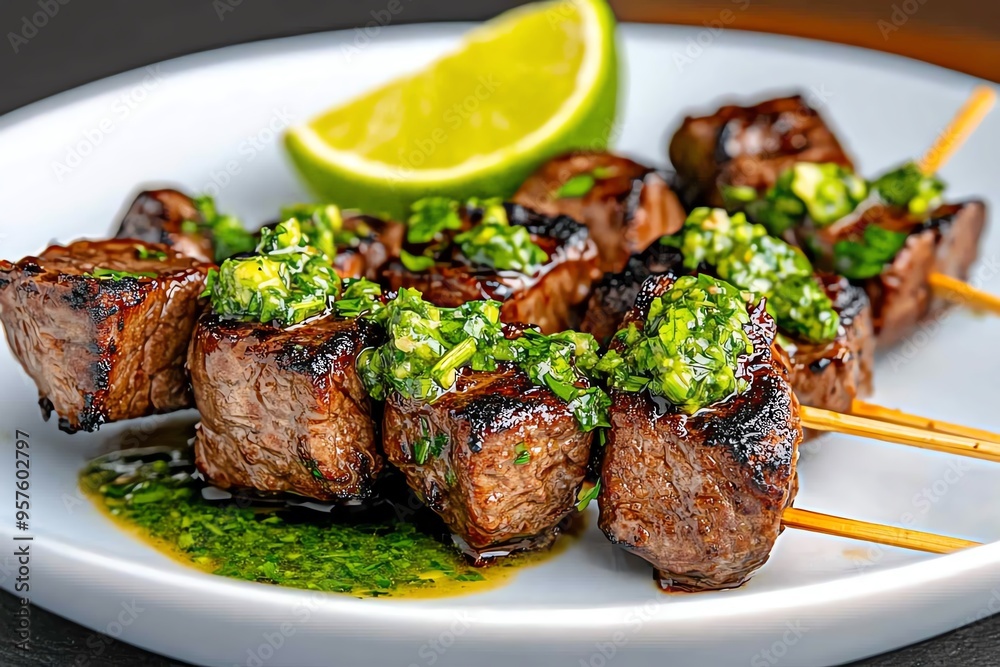 Tapas bite of beef skewers with a chimichurri sauce, depicted in an artwork where juicy beef skewers are served with a vibrant chimichurri sauce, garnished with fresh herbs and a wedge of lime Tapas bite of beef skewers with a chimichurri sauce, depicted in an artwork where juicy beef skewers are served with a vibrant chimichurri sauce, garnished with fresh herbs and a wedge of lime