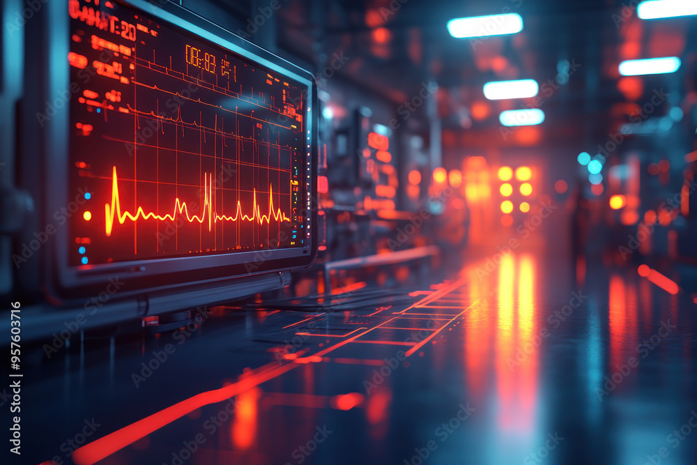 A digital visualization of heart rate monitor displaying vital signs in high tech environment, illuminated by red and blue lights.. A digital visualization of heart rate monitor displaying vital signs in high tech environment, illuminated by red and blue lights..
