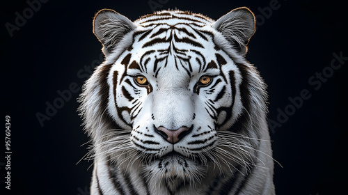 Menacing stare of a white bengal tiger. portrait of white bengal tiger on black background. wild cats background. generative ai tiger portrait on black background. Tiger. Illustration