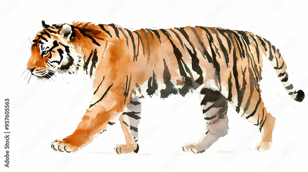 Obraz premium Watercolor walking tiger in profile on a white background. Tiger. Illustration