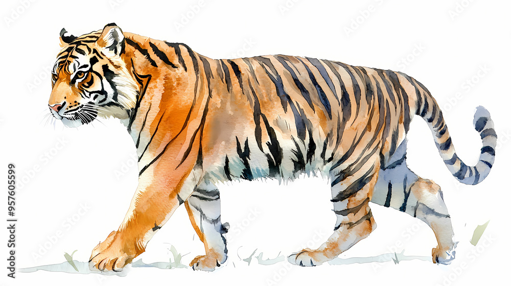 Naklejka premium Watercolor walking tiger in profile on a white background. Tiger. Illustration