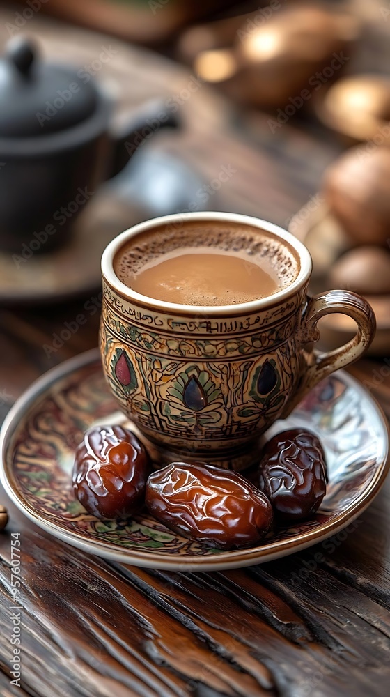 Closeup of a Cup of Coffee with Dates on a Wooden Table - Realistic Image Closeup of a Cup of Coffee with Dates on a Wooden Table - Realistic Image