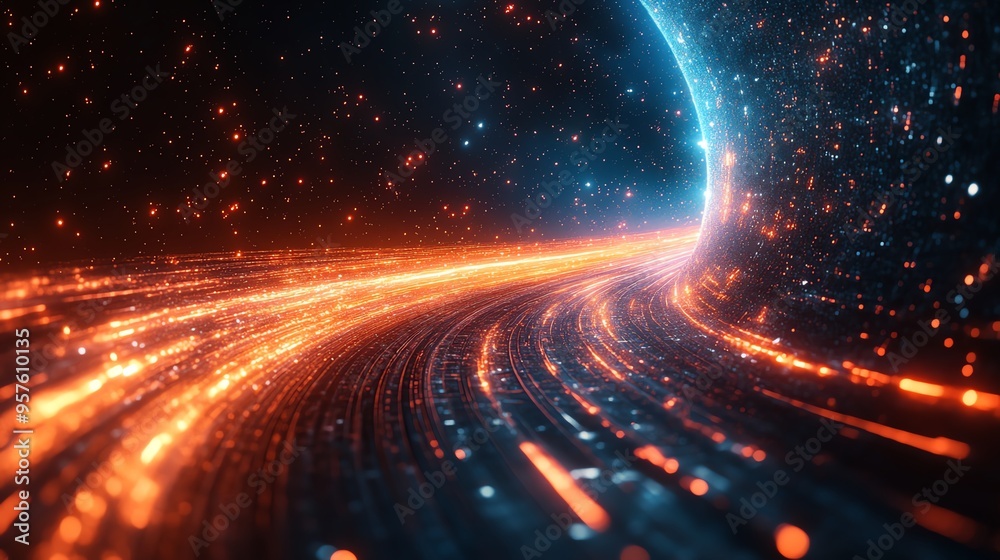 A vibrant digital tunnel glowing with orange and blue lights, representing energy, speed, and futuristic concepts. A vibrant digital tunnel glowing with orange and blue lights, representing energy, speed, and futuristic concepts.