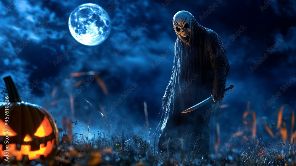 A scary ghost holding a knife walks on moonlight night scene with pumpkin. Spooky haunted halloween background, Halloween illustration for banner and poster design. A scary ghost holding a knife walks on moonlight night scene with pumpkin. Spooky haunted halloween background, Halloween illustration for banner and poster design.