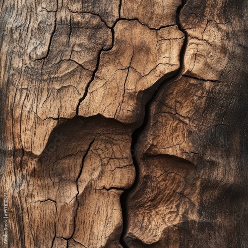 Close-Up Texture of Cracked Wooden Surface - Dark Brown Wood Grain Background