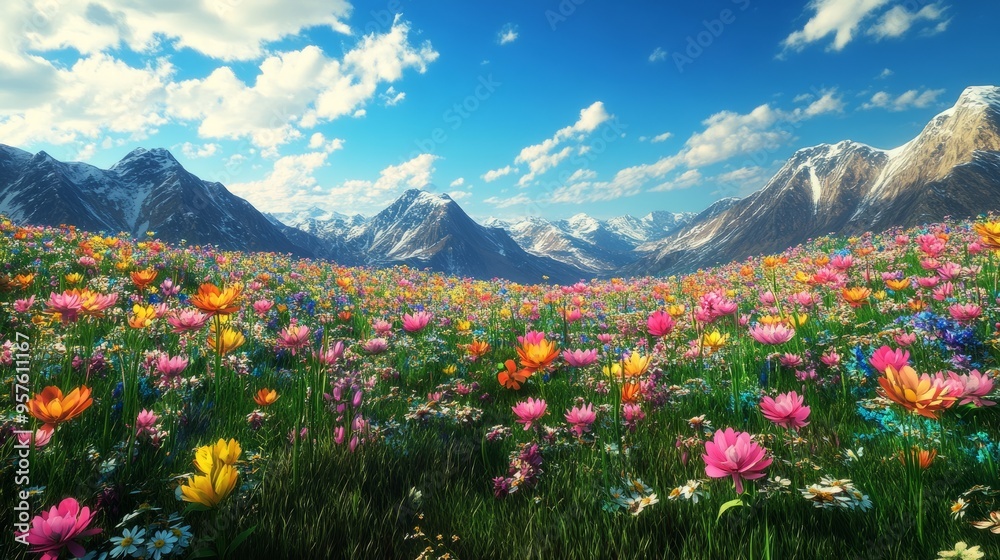 Fototapeta premium 3D Flower Paradise: Immersive AR Experience in a Serene Mountain Meadow