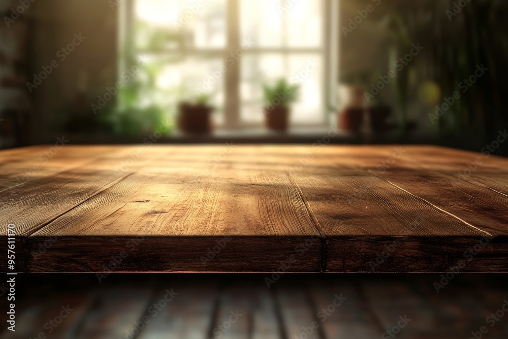 Wooden table top with a blurred background of window and plants. Wooden table top with a blurred background of window and plants.