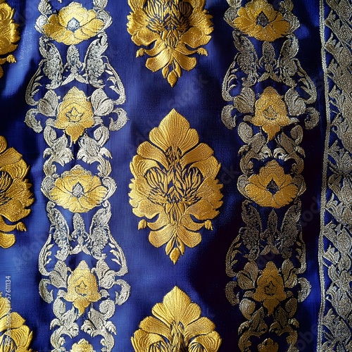72. **Malaysian songket fabric pattern with gold and silver threads.** photo