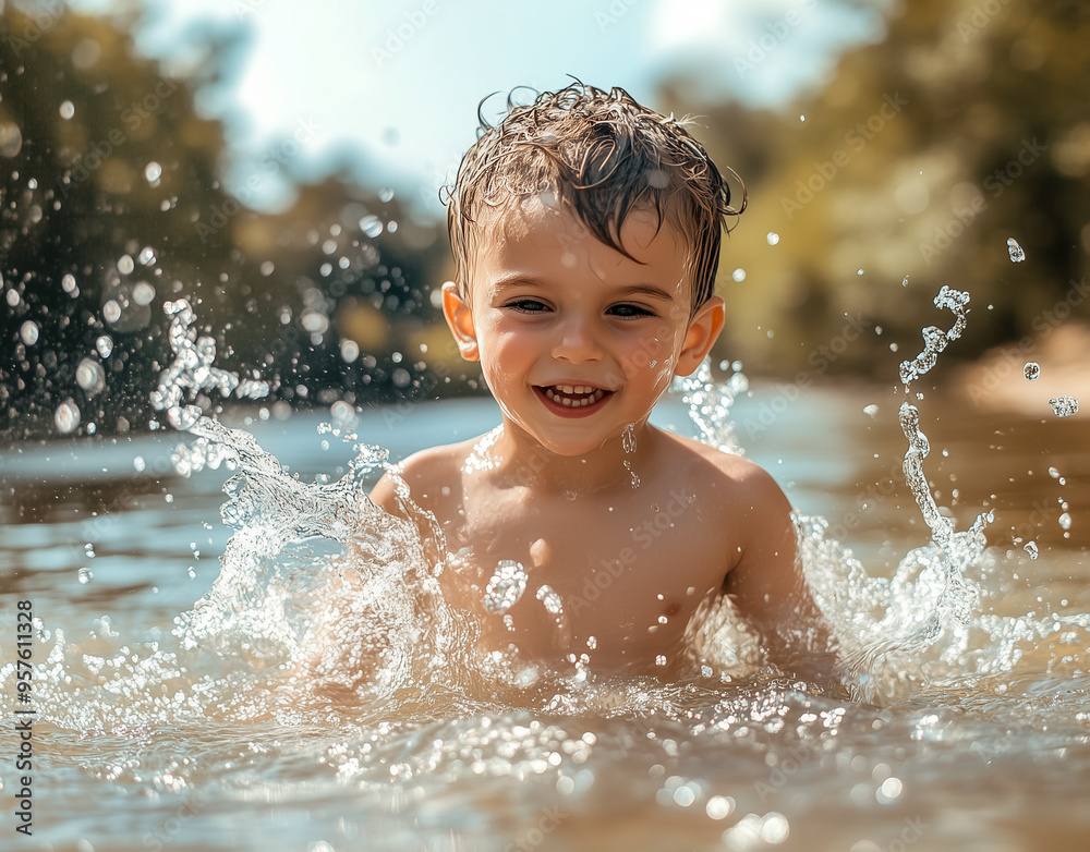 The boy is happily playing in the river. The boy is happily playing in the river.