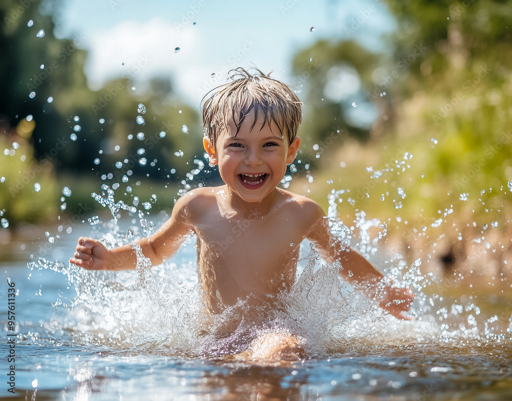 The boy is happily playing in the river.