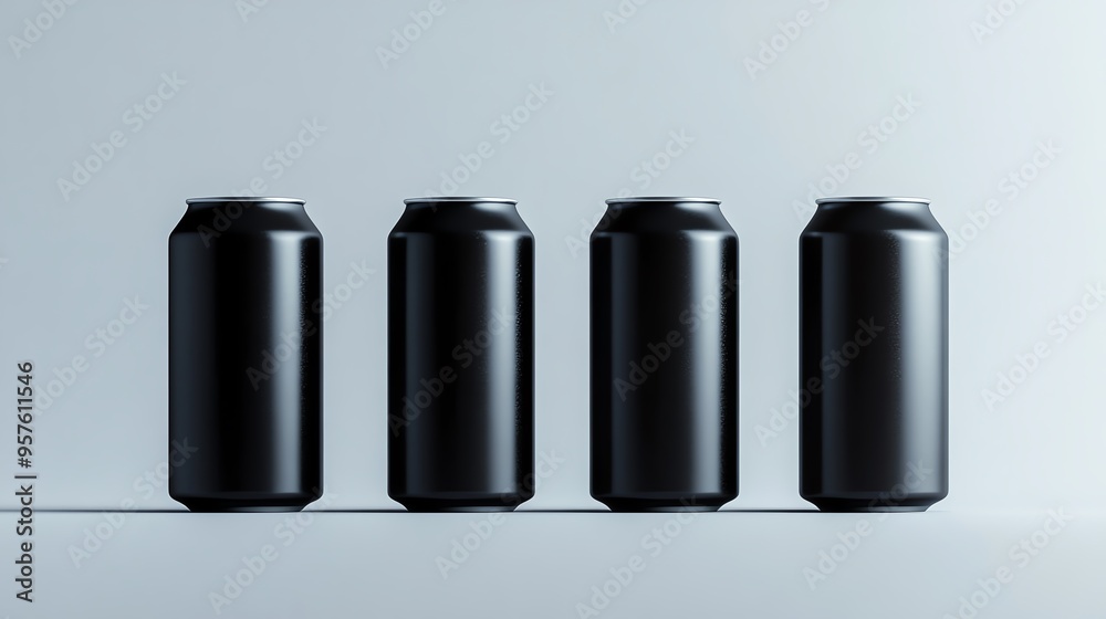Four sleek black cans arranged in a row, showcasing a minimalist design that emphasizes modern elegance and sophistication. Four sleek black cans arranged in a row, showcasing a minimalist design that emphasizes modern elegance and sophistication.