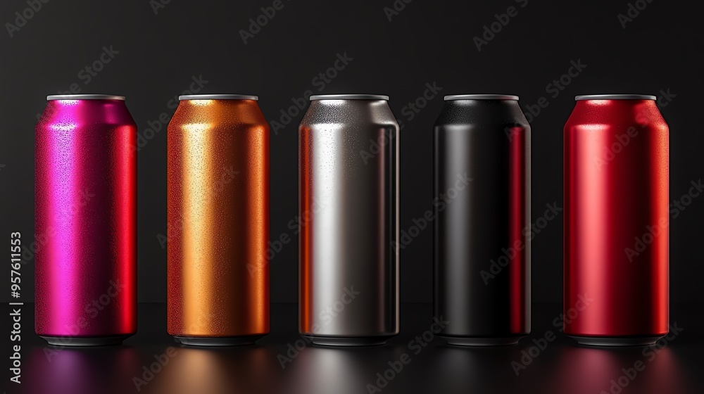 A collection of colorful beverage cans displayed against a dark background, highlighting their vibrant metallic finishes. A collection of colorful beverage cans displayed against a dark background, highlighting their vibrant metallic finishes.