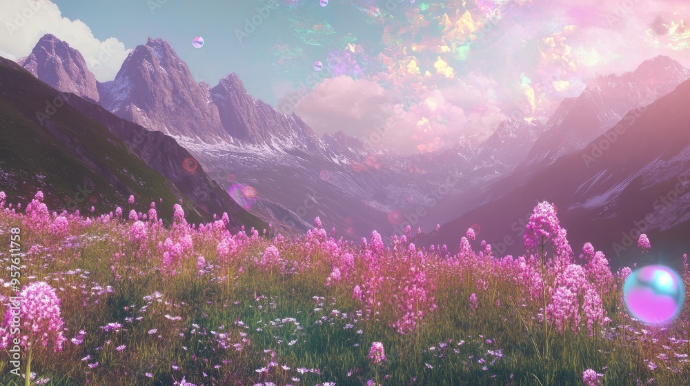 Fototapeta premium Immerse Yourself in a Holographic Meadow: 3D Flowers & Sky in AR