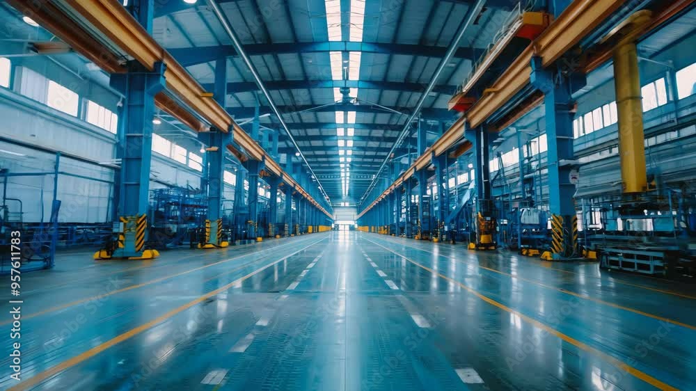 Video of empty huge distribution warehouse with high shelves and pallets Video of empty huge distribution warehouse with high shelves and pallets