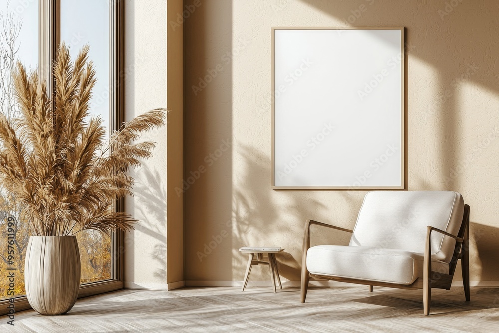 Poster Frame in Beige minimalist living room interior created with generative AI Poster Frame in Beige minimalist living room interior created with generative AI