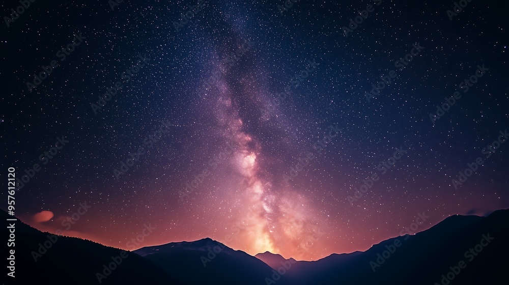 Glowing Milky Way galaxy rising over silhouetted mountain range Glowing Milky Way galaxy rising over silhouetted mountain range