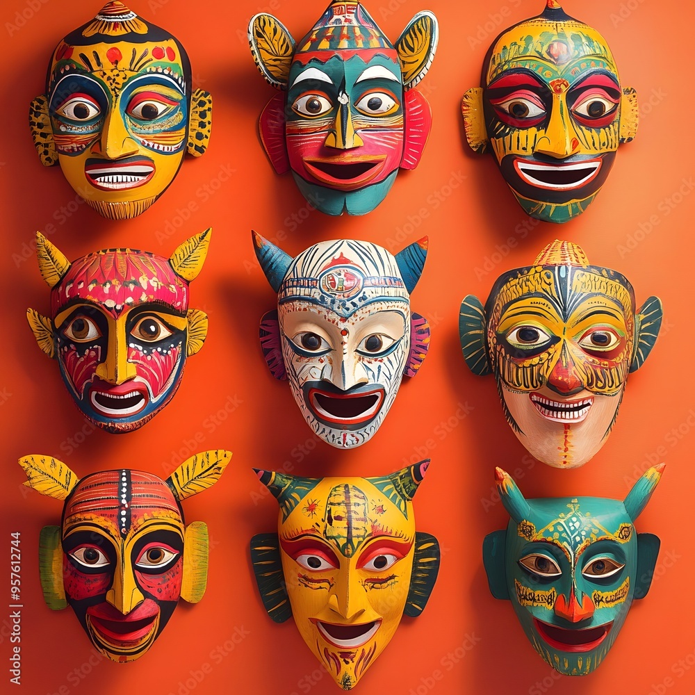 56. **Sri Lankan traditional mask pattern with vibrant, expressive faces.** 56. **Sri Lankan traditional mask pattern with vibrant, expressive faces.**