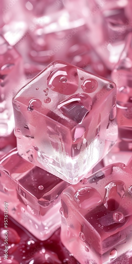 Close-up of pink ice cubes with water droplets on shiny surface Close-up of pink ice cubes with water droplets on shiny surface