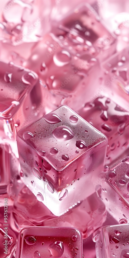 Close-up of pink ice cubes with water droplets on shiny surface