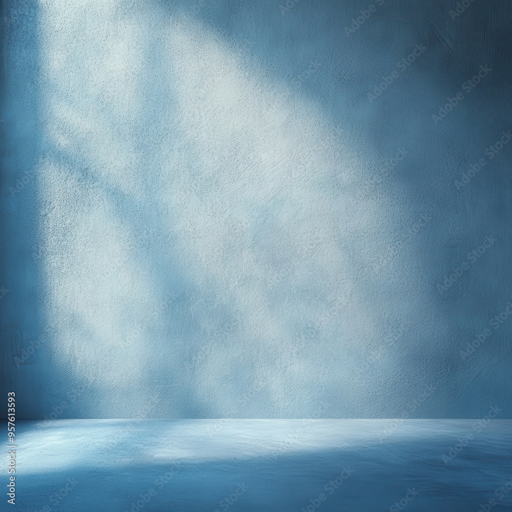 Blue Concrete Wall with Light Rays and Floor, Minimalist Background