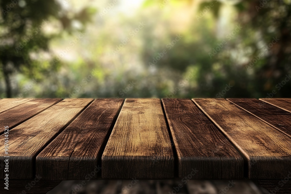 Wooden table top with blurry green background. Wooden table top with blurry green background.