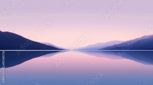 Serene Mountain Lake Reflection at Sunset, Pink and Purple Gradient Sky, Minimalist Landscape.