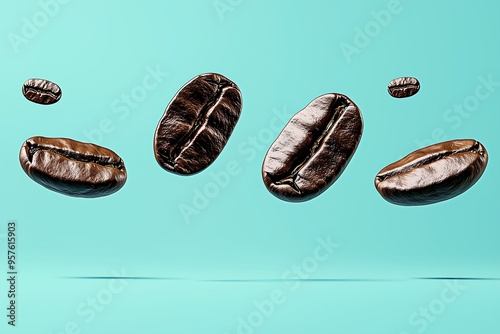 Floating roasted coffee beans against turquoise background in motion