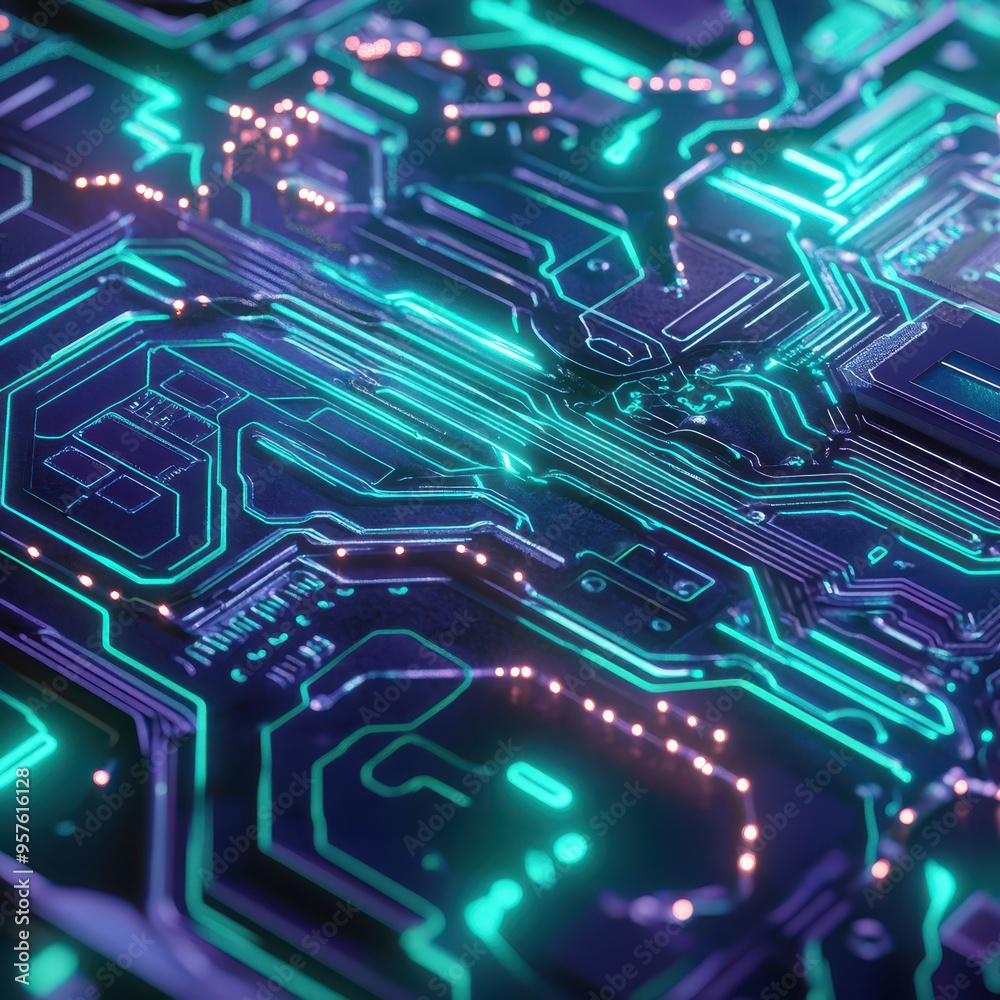 Abstract Futuristic Circuit Board with Glowing Green Lines and Red Lights Abstract Futuristic Circuit Board with Glowing Green Lines and Red Lights