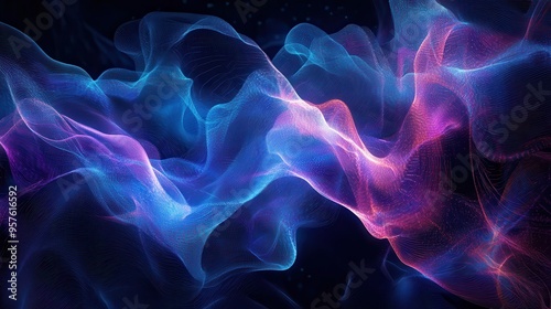 Abstract Wavy Lines of Blue and Pink Neon Lights on a Dark Background.