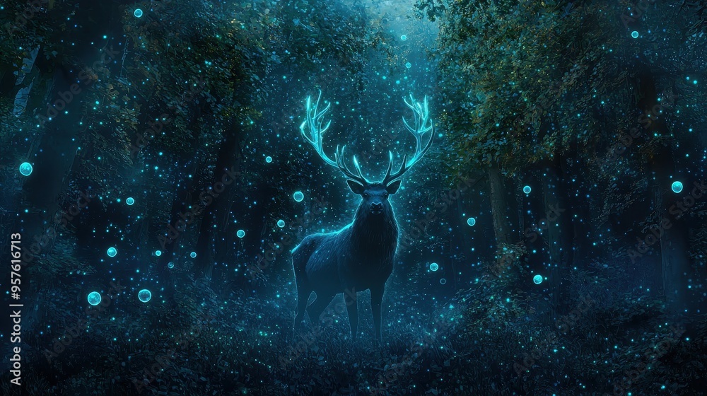 Fototapeta premium Majestic Deer in Enchanted Forest with Glowing Lights