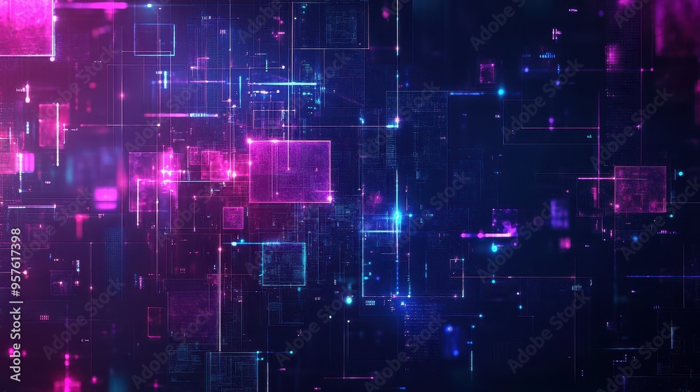 Fototapeta premium Abstract Digital Glitch Background with Neon Pink and Blue Lines and Squares.