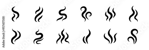 Smoke steam icon vector logo set. Smoke smell, steam aroma heat icon illustration. Hot vapor fire doodle line logo. Hit stink, coffee, fragrance flame elements. Vector illustration.