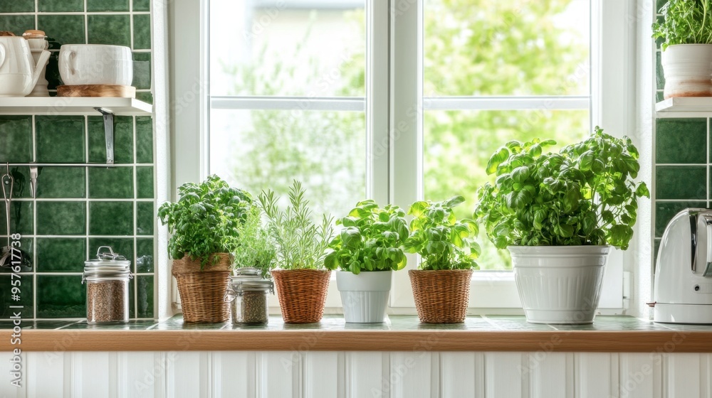 A bright and airy kitchen with green tiles, white cabinetry, and fresh herbs growing on the windowsill. A bright and airy kitchen with green tiles, white cabinetry, and fresh herbs growing on the windowsill.