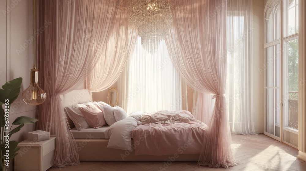 A canopy bed with sheer curtains, soft pastel bedding, and a decorative chandelier, creating a dreamy bedroom setting. A canopy bed with sheer curtains, soft pastel bedding, and a decorative chandelier, creating a dreamy bedroom setting.