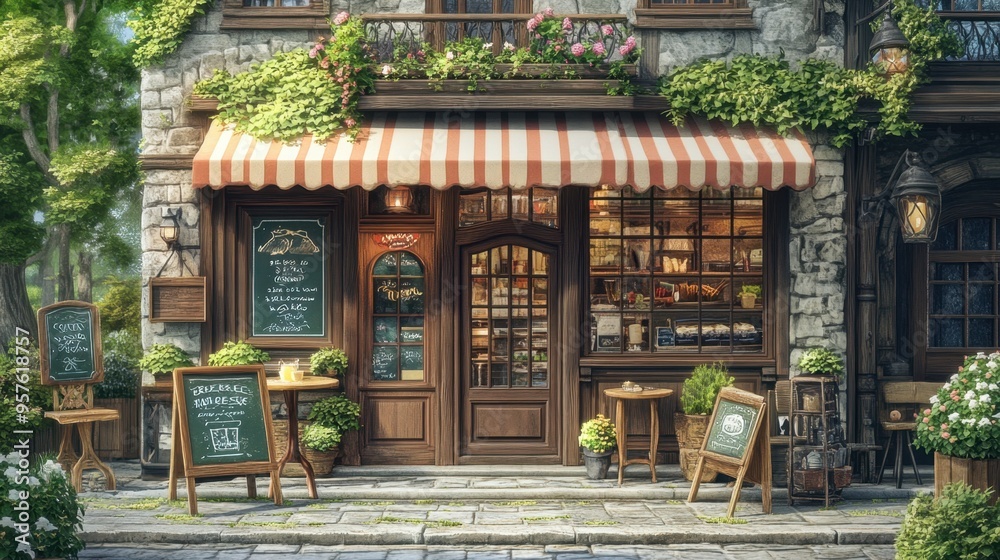 A charming with a rustic exterior, outdoor seating area, and a welcoming sign, set on a quaint street. A charming with a rustic exterior, outdoor seating area, and a welcoming sign, set on a quaint street.