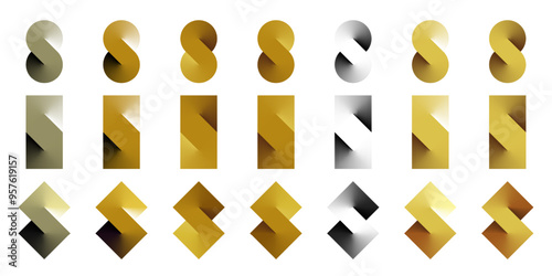 S logo gold infinite icon. Eight symbol abstract gradient letter endless double loop. Round, square and rhombus tile connect sign. 3d spin shape luxury colored number 8. Mobius strip swirl flat block