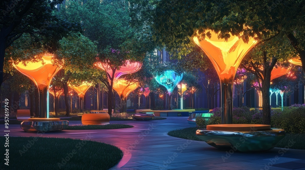 ## Glowing 3D Trees and Chrome Benches: A Futuristic City Park Experience in AR ## Glowing 3D Trees and Chrome Benches: A Futuristic City Park Experience in AR