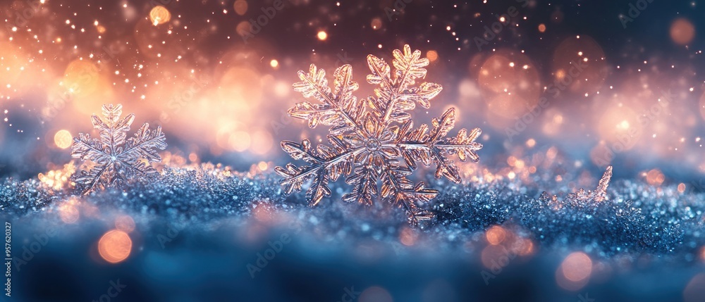 Snowflakes sparkle in the darkness, their shimmering fall creating a glittering effect. Snowflakes sparkle in the darkness, their shimmering fall creating a glittering effect.