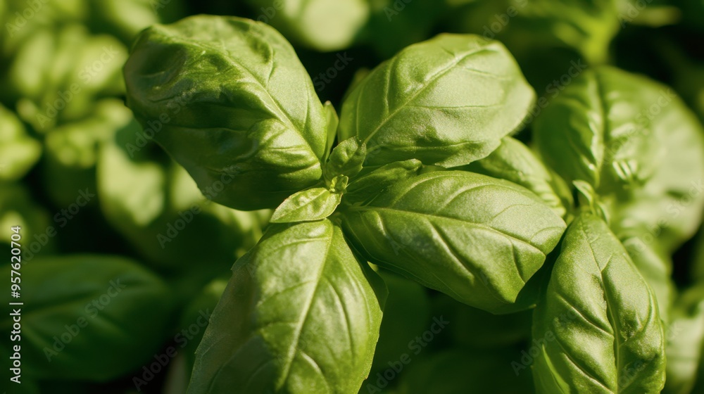 A close-up of fresh green basil leaves, with a hint of sunlight highlighting their vibrant color A close-up of fresh green basil leaves, with a hint of sunlight highlighting their vibrant color
