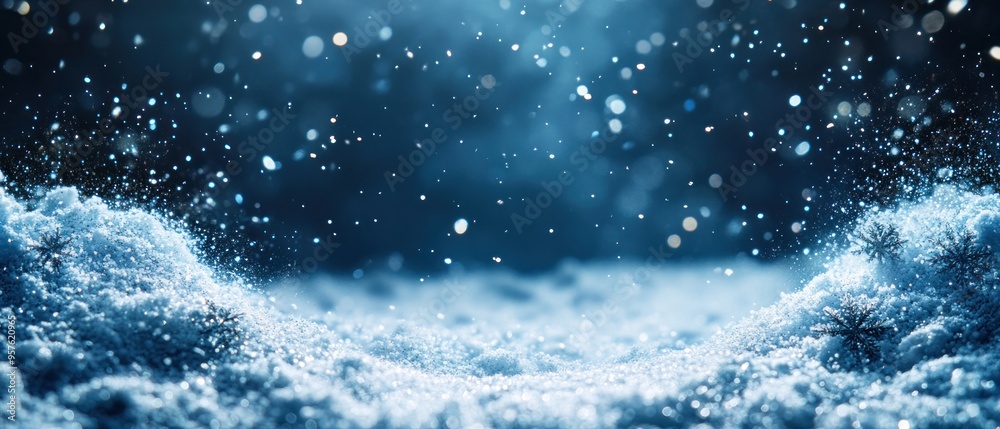 Snowflakes sparkle in the darkness, their shimmering fall creating a glittering effect.